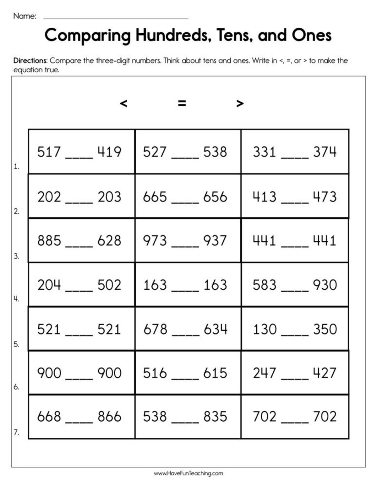 An educational teaching resource from Have Fun Teaching entitled Comparing Hundreds, Tens, and Ones Worksheet downloadable at Teach Simple.