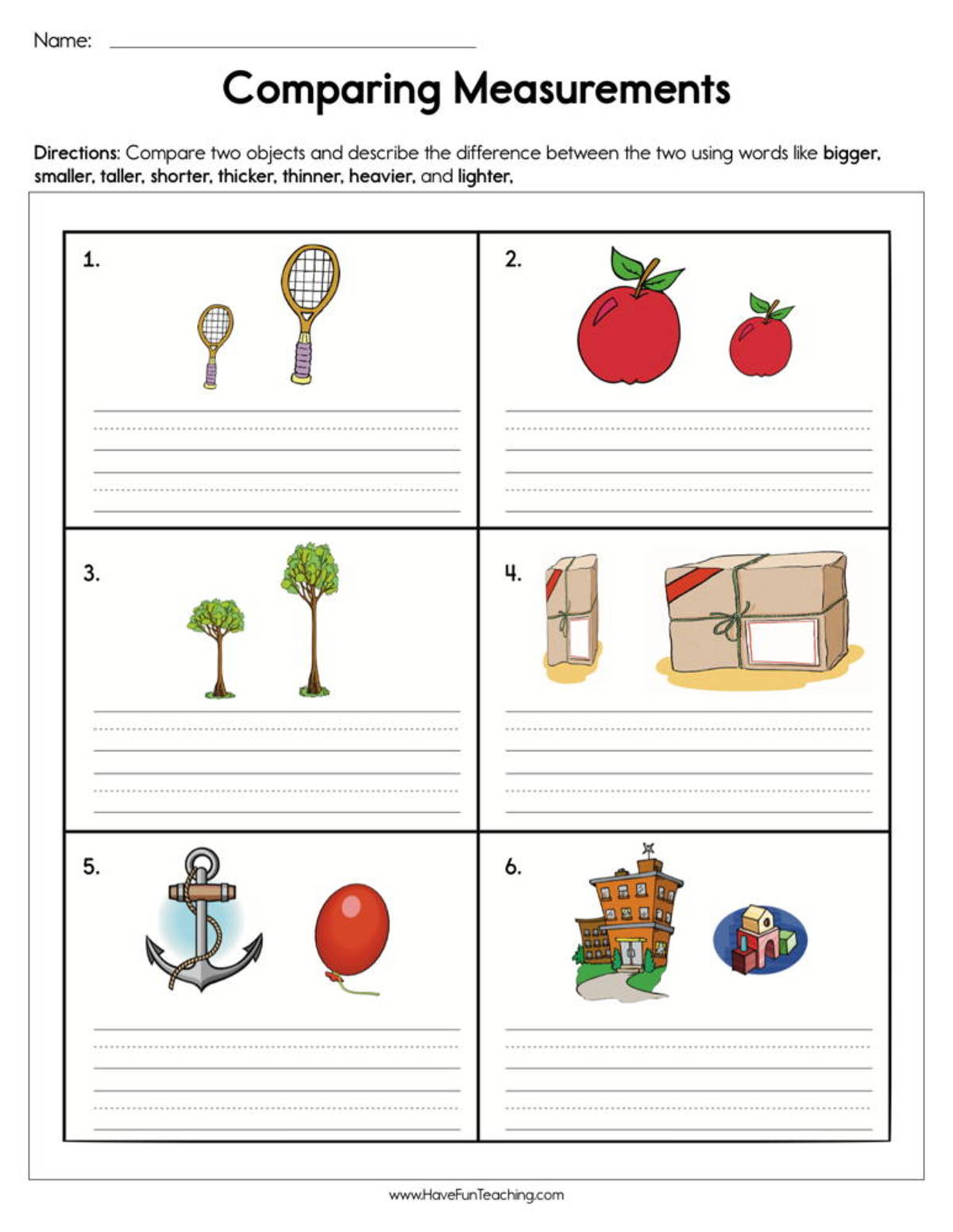 An educational teaching resource from Have Fun Teaching entitled Comparing Measurement Worksheet downloadable at Teach Simple.