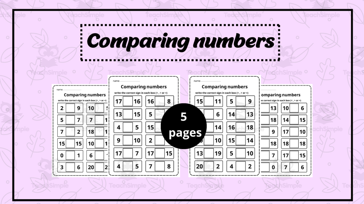 An educational teaching resource from successful teachers resource entitled Comparing Numbers 1-20- Comparing Numbers activites downloadable at Teach Simple.