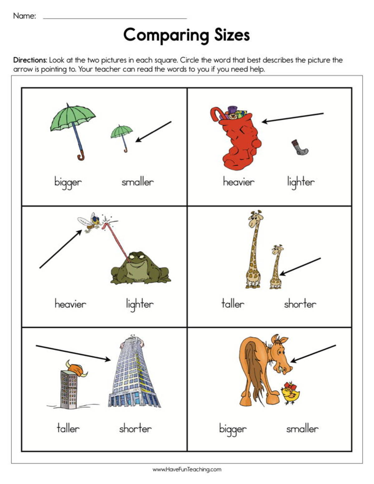 An educational teaching resource from Have Fun Teaching entitled Comparing Sizes Worksheet downloadable at Teach Simple.