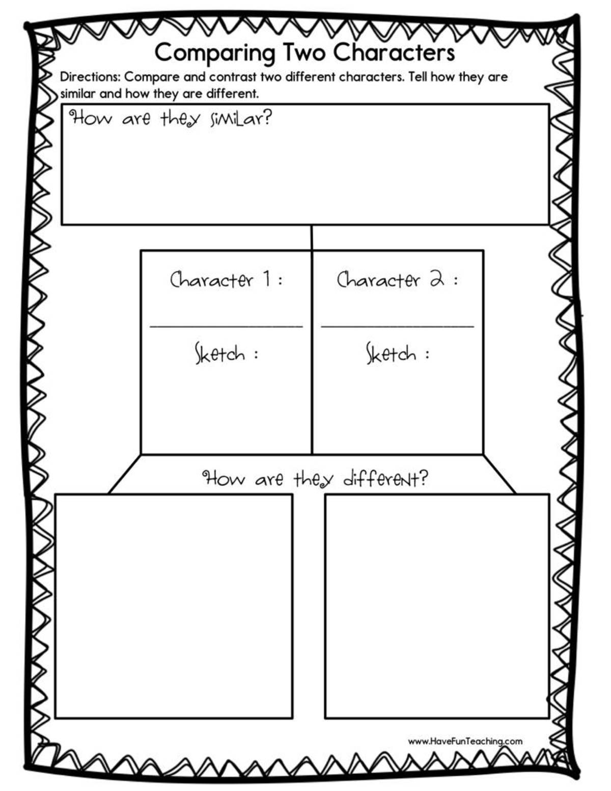An educational teaching resource from Have Fun Teaching entitled Comparing Two Characters Worksheet downloadable at Teach Simple.