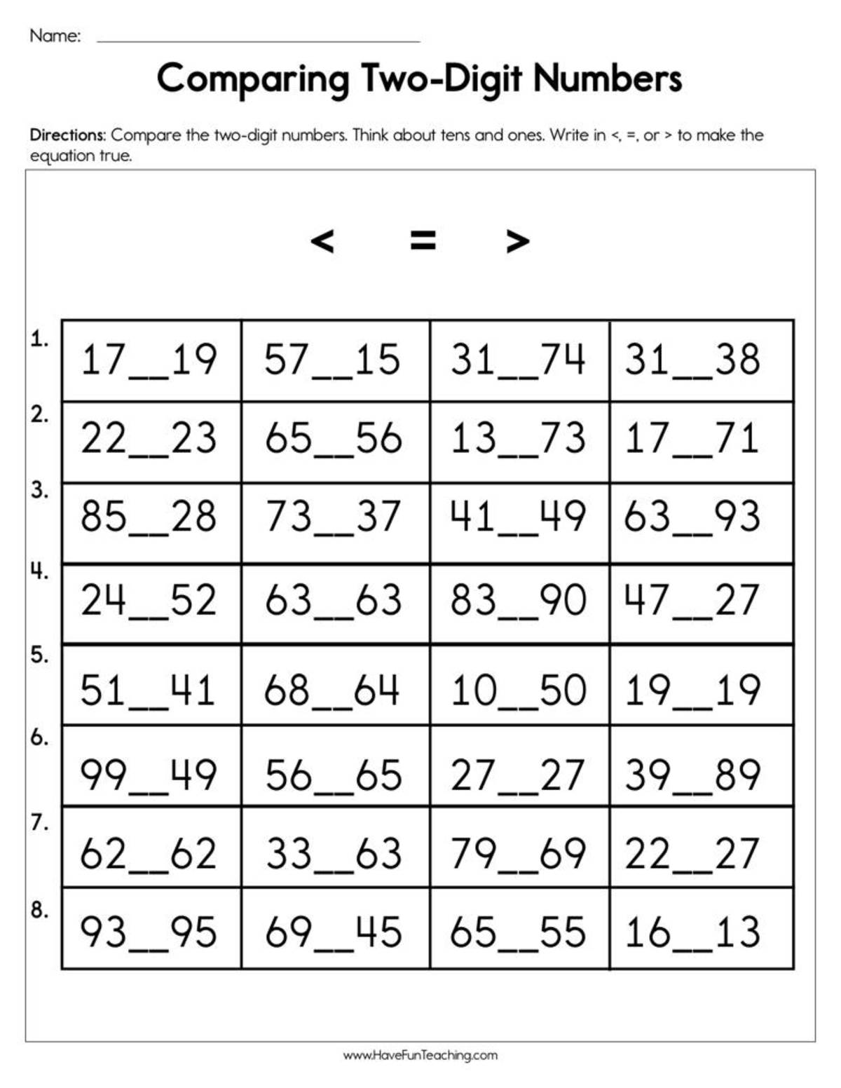 An educational teaching resource from Have Fun Teaching entitled Comparing Two Digit Numbers Worksheet downloadable at Teach Simple.