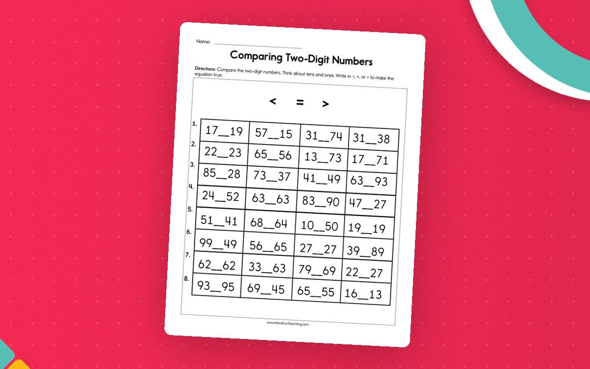 An educational teaching resource from Have Fun Teaching entitled Comparing Two Digit Numbers Worksheet downloadable at Teach Simple.