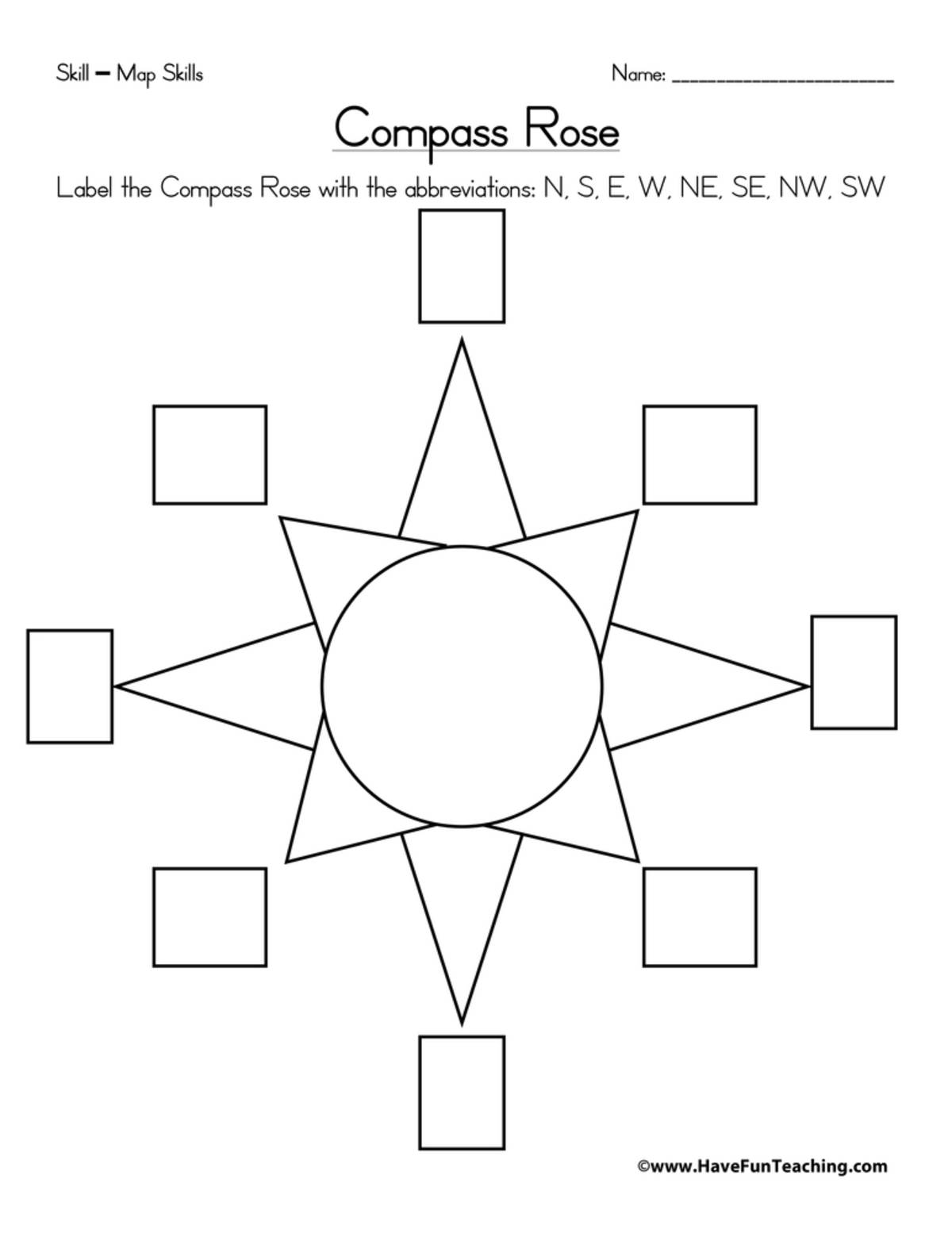 An educational teaching resource from Have Fun Teaching entitled Compass Rose Worksheet downloadable at Teach Simple.