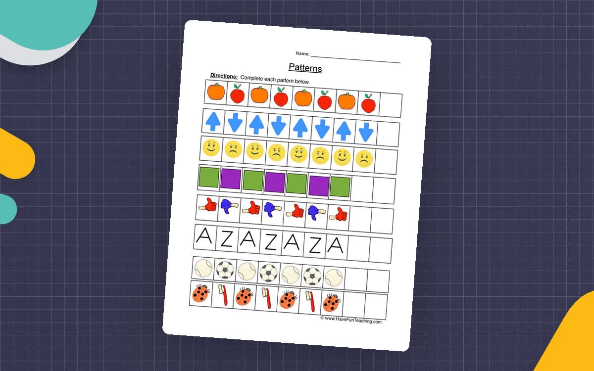 An educational teaching resource from Have Fun Teaching entitled Complete the Patterns Worksheet – Math Practice downloadable at Teach Simple.