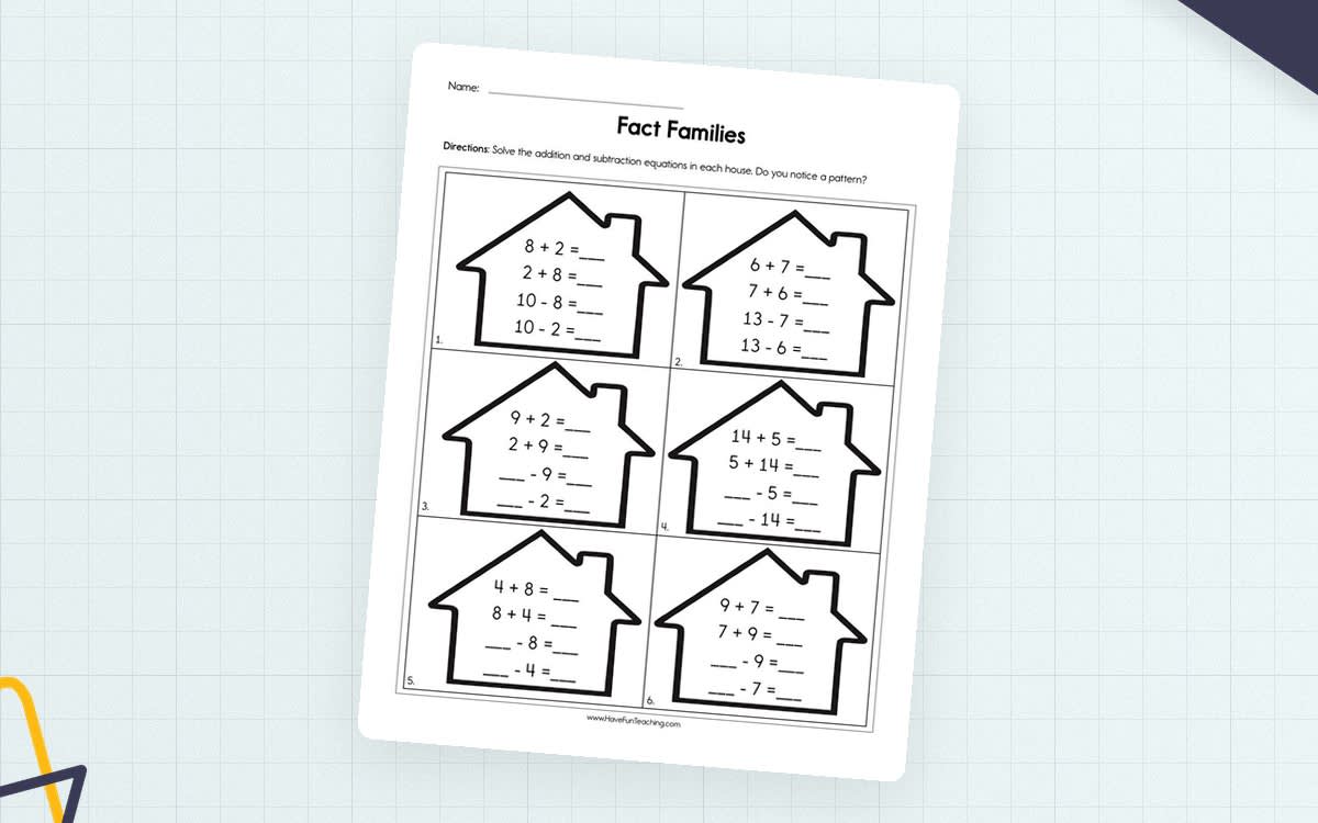 An educational teaching resource from Have Fun Teaching entitled Completing Fact Families Worksheet downloadable at Teach Simple.