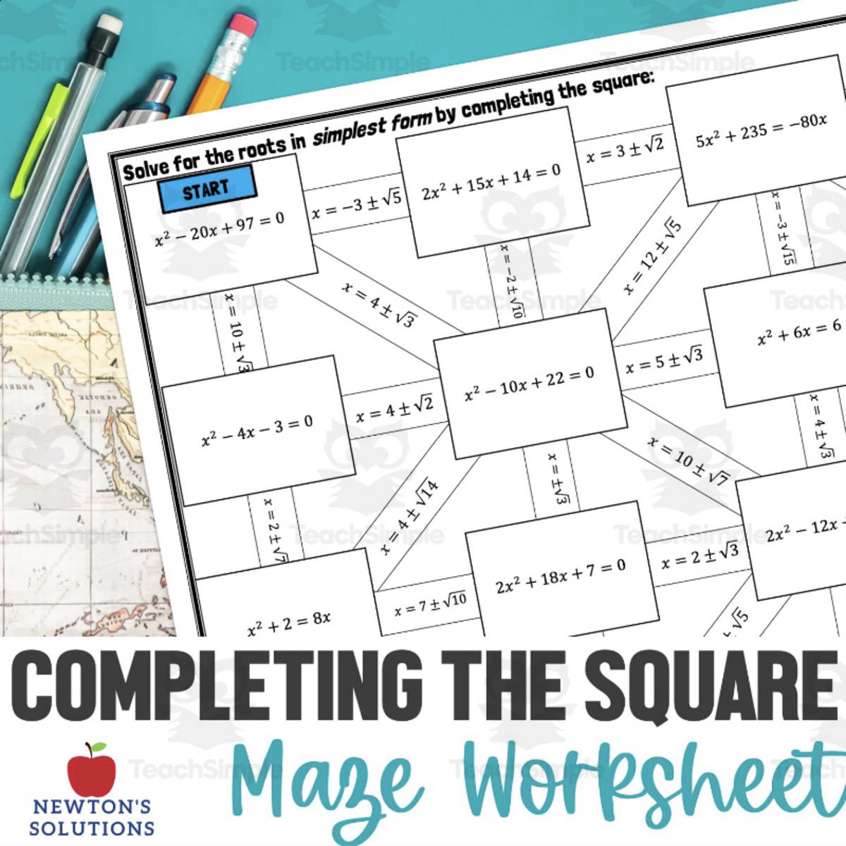 An educational teaching resource from Newtons Solutions entitled Completing the Square Maze Worksheet downloadable at Teach Simple.