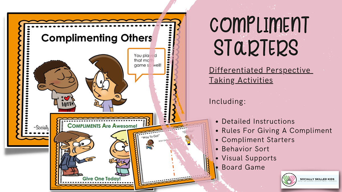 An educational teaching resource from Socially Skilled Kids entitled Compliment Starters – Social Skills Activities downloadable at Teach Simple.
