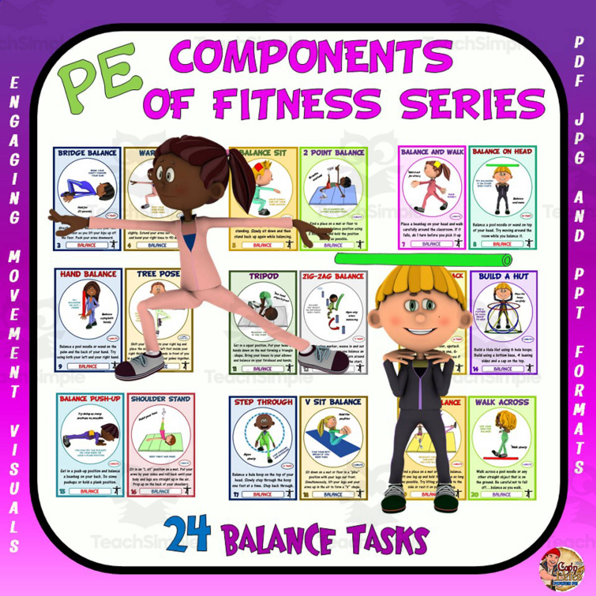 An educational teaching resource from Cap'n Pete's Power PE entitled Components of Fitness Series: Balance Task Cards downloadable at Teach Simple.