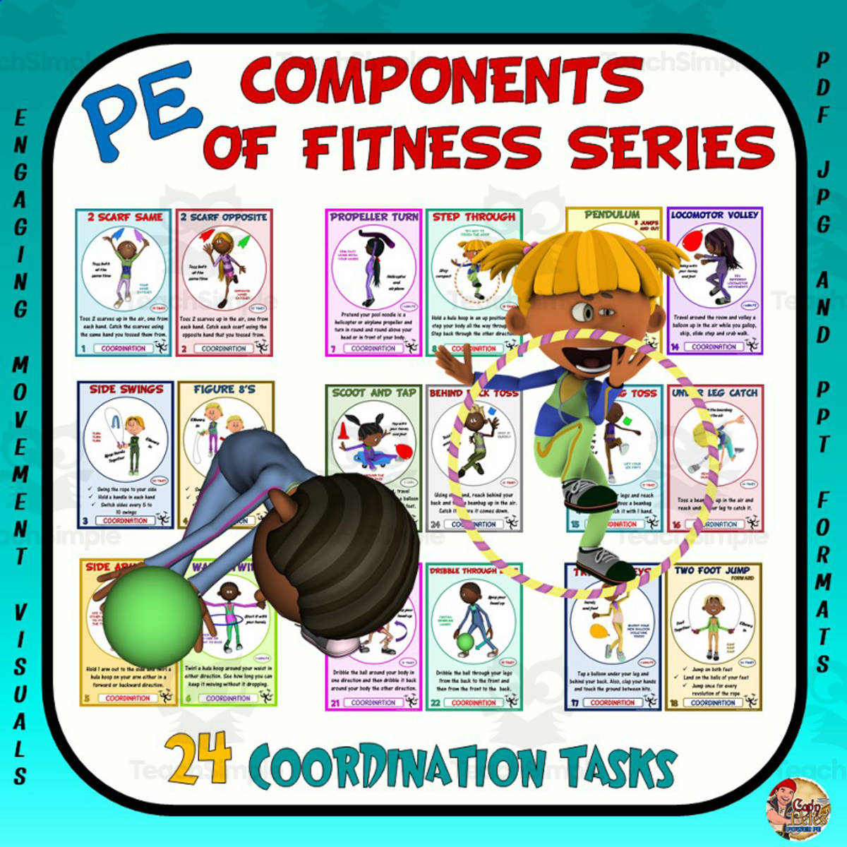 An educational teaching resource from Cap'n Pete's Power PE entitled Components of Fitness Series: Coordination Task Cards downloadable at Teach Simple.