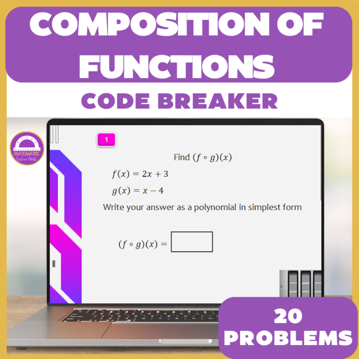 An educational teaching resource from Matemaths entitled Composition of Functions Digital Code Breaker Activity & Worksheet downloadable at Teach Simple.