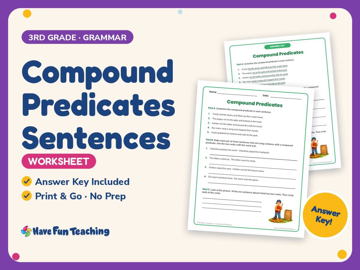 Compound Predicates Sentences Worksheet – 3rd Grade Practice preview