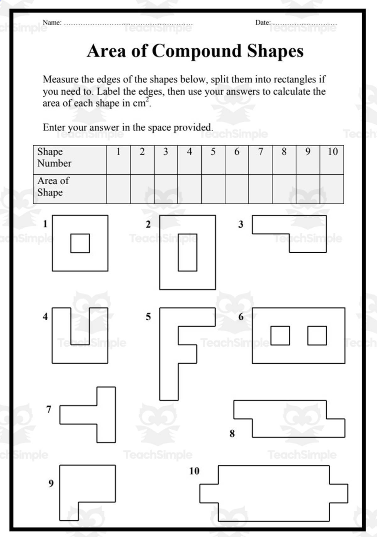 An educational teaching resource from Elementary Resources 4 U entitled Compound Shapes: Area downloadable at Teach Simple.