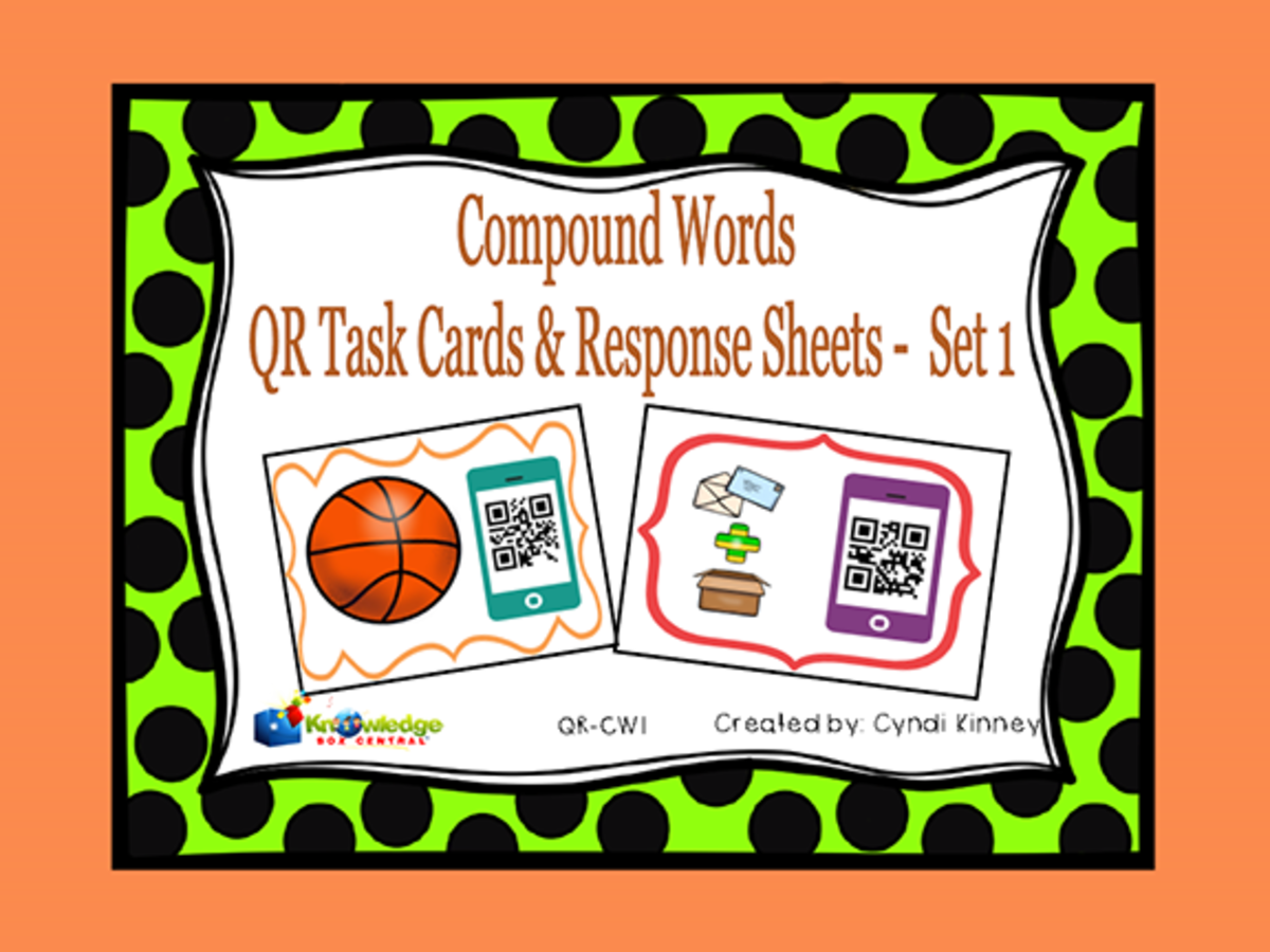 An educational teaching resource from Knowledge Box Central entitled Compound Words QR Task Cards & Response Sheets - Set 1 - EBOOK downloadable at Teach Simple.