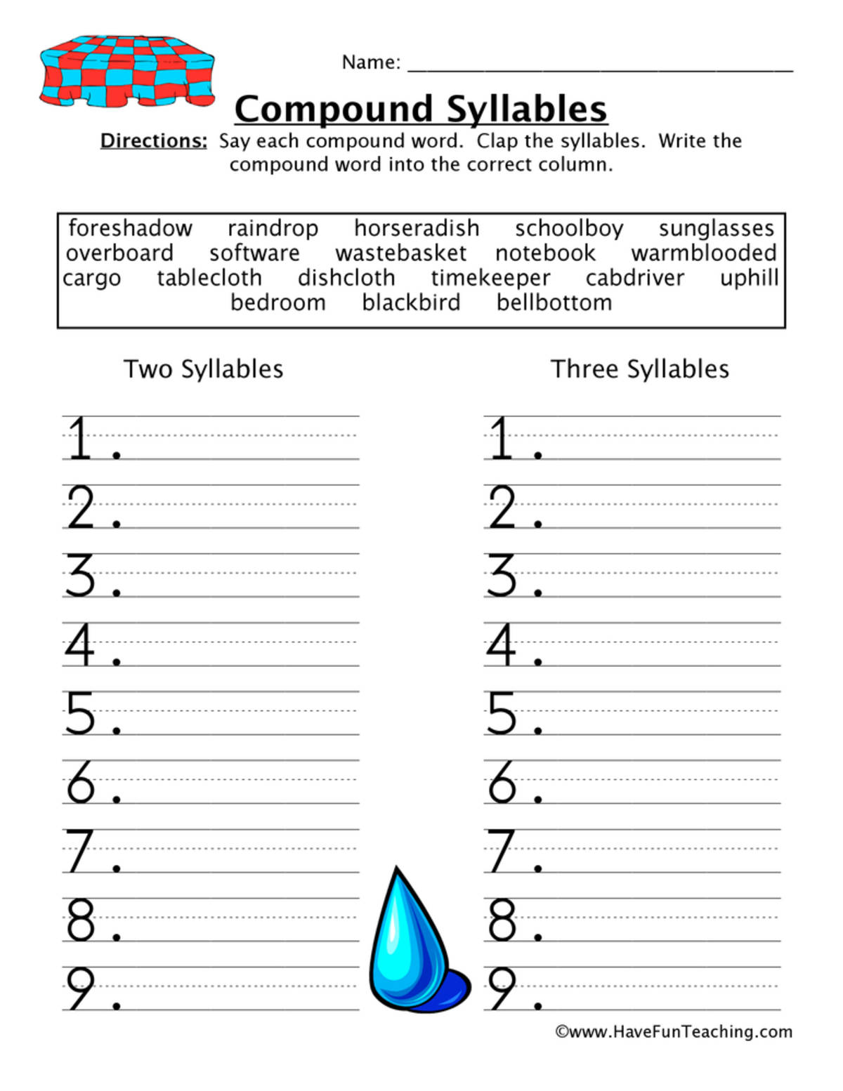 An educational teaching resource from Have Fun Teaching entitled Compound Words Syllables Worksheet downloadable at Teach Simple.