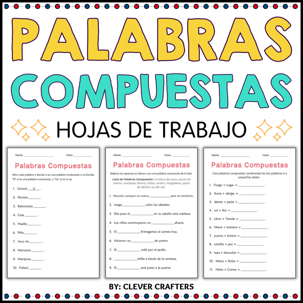 An educational teaching resource from Clever Crafters entitled Compound Words Worksheets in Spanish downloadable at Teach Simple.