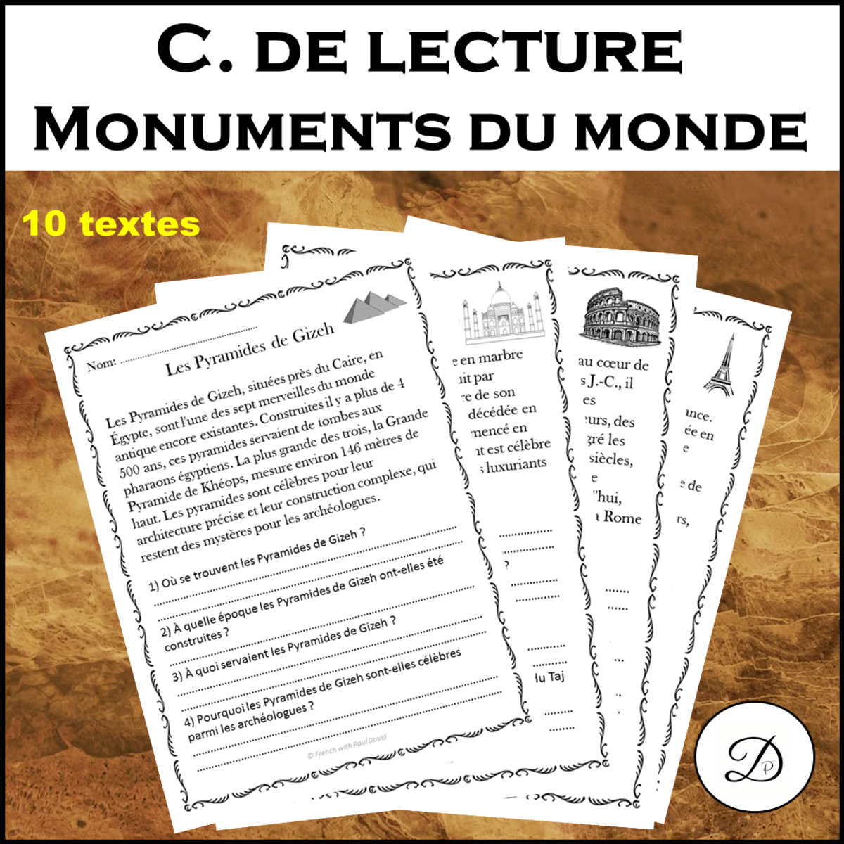 An educational teaching resource from French with Paul David entitled Compréhension de lecture - Monuments du monde (10 textes) downloadable at Teach Simple.