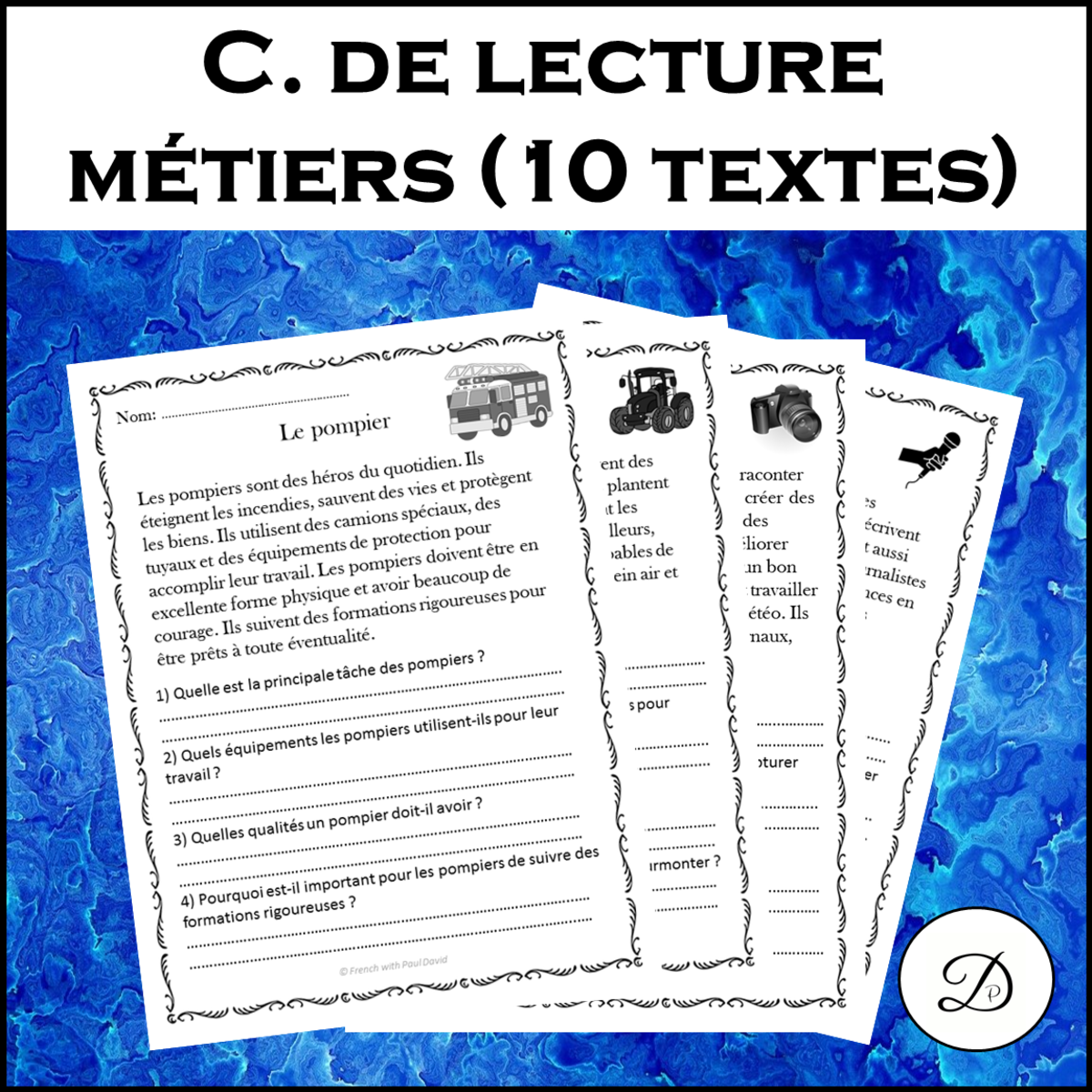 An educational teaching resource from French with Paul David entitled Compréhension de lecture - Professions et métiers (10 textes) downloadable at Teach Simple.