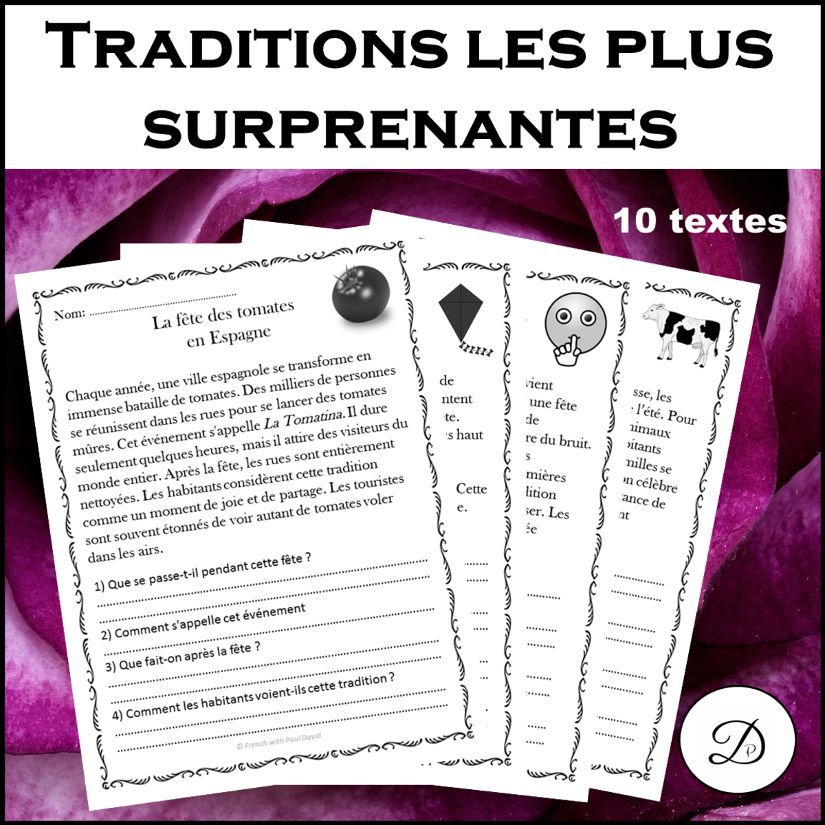 An educational teaching resource from French with Paul David entitled Compréhension de lecture - Traditions les plus surprenantes downloadable at Teach Simple.
