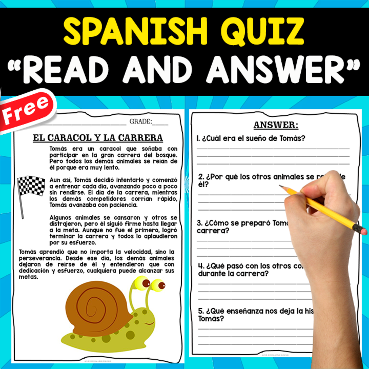 An educational teaching resource from EDITORIAL LAURA EDUCA entitled Comprehension Test in Spanish | El caracol y la gran carrera downloadable at Teach Simple.