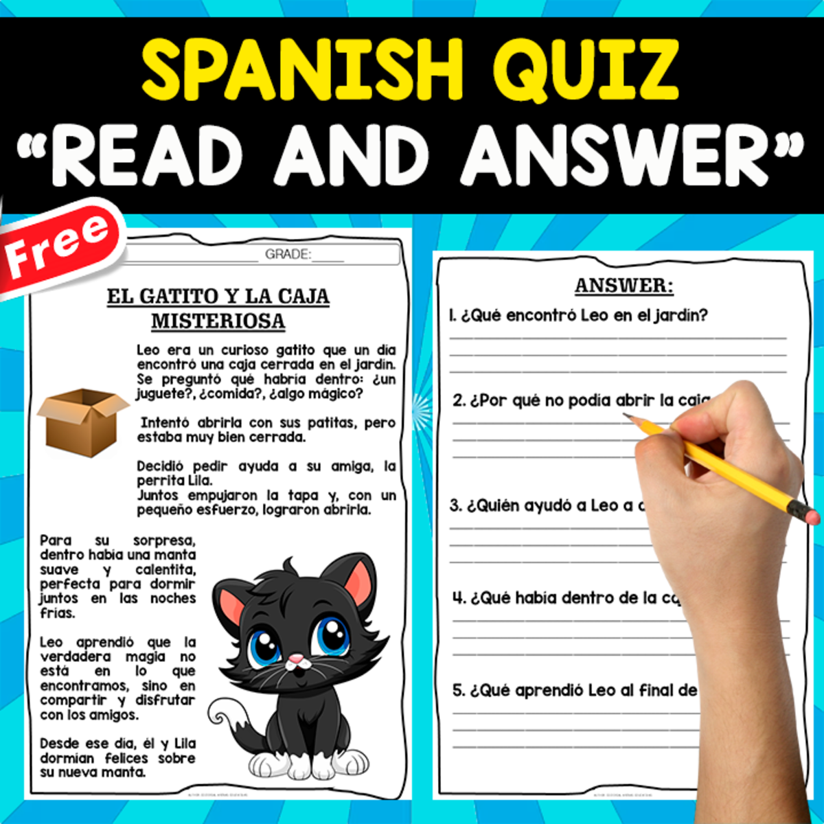 An educational teaching resource from EDITORIAL LAURA EDUCA entitled Comprehension Test in Spanish | EL GATITO Y LA CAJA MISTERIOSA downloadable at Teach Simple.