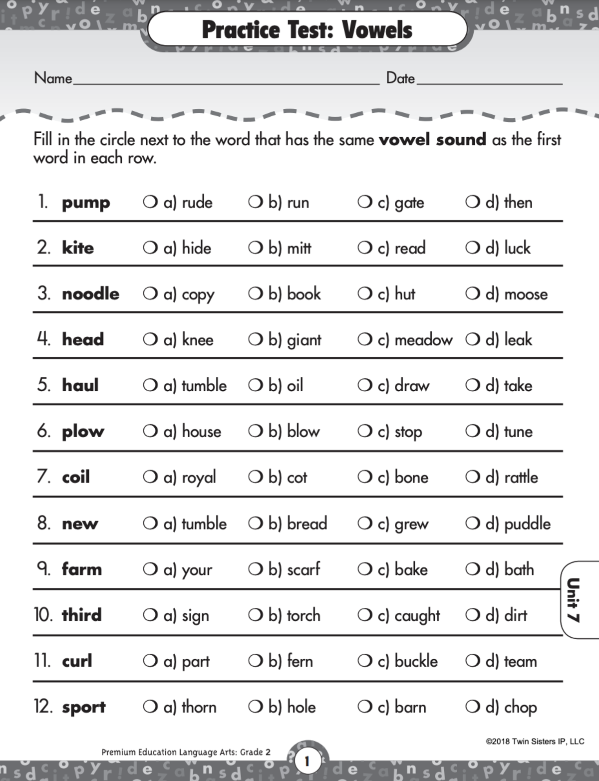An educational teaching resource from Twin Sisters Digital Media entitled Grade 2 Language Arts Skills Practice Test downloadable at Teach Simple.
