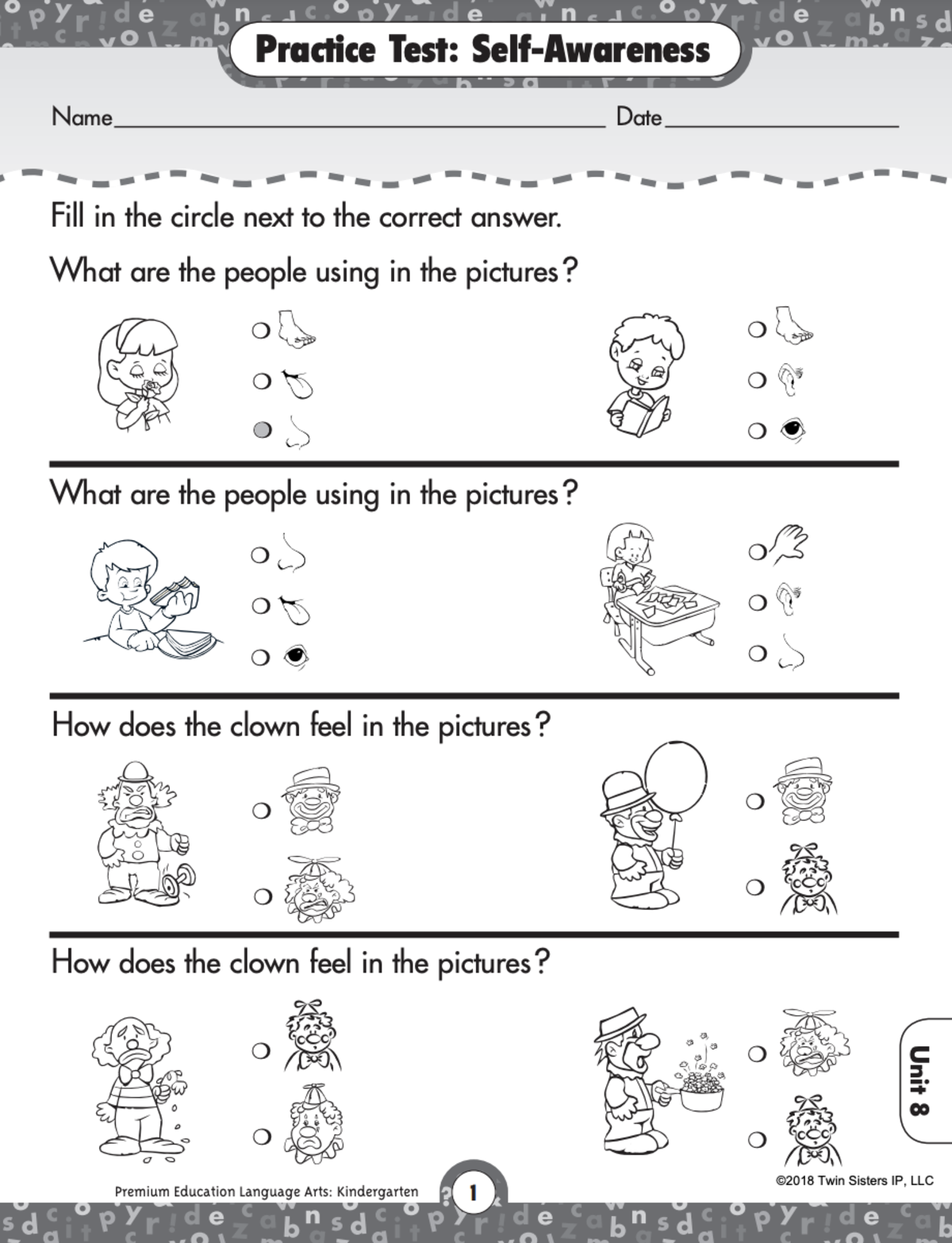 An educational teaching resource from Twin Sisters Digital Media entitled Kindergarten Language Arts Practice Test – Skills downloadable at Teach Simple.