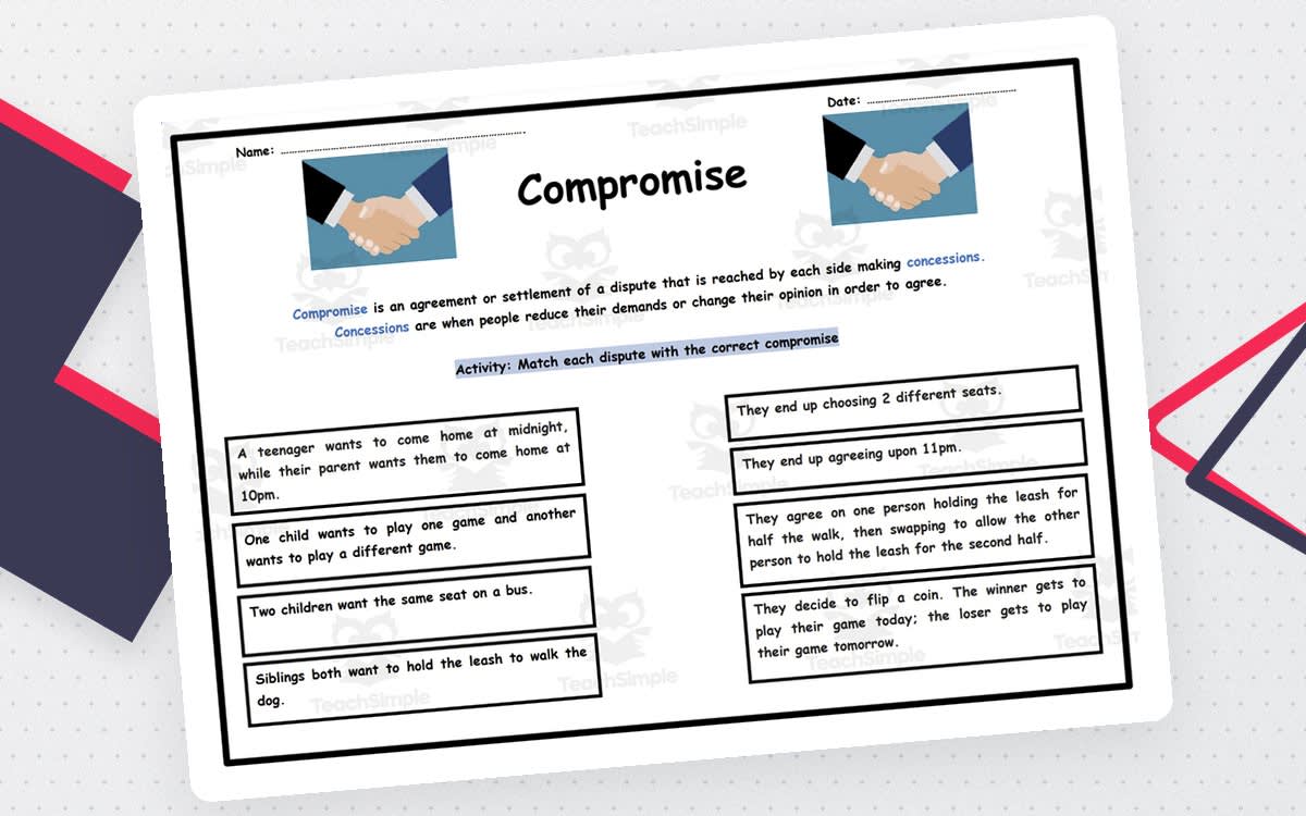 An educational teaching resource from Elementary Resources 4 U entitled Compromise: Activity downloadable at Teach Simple.