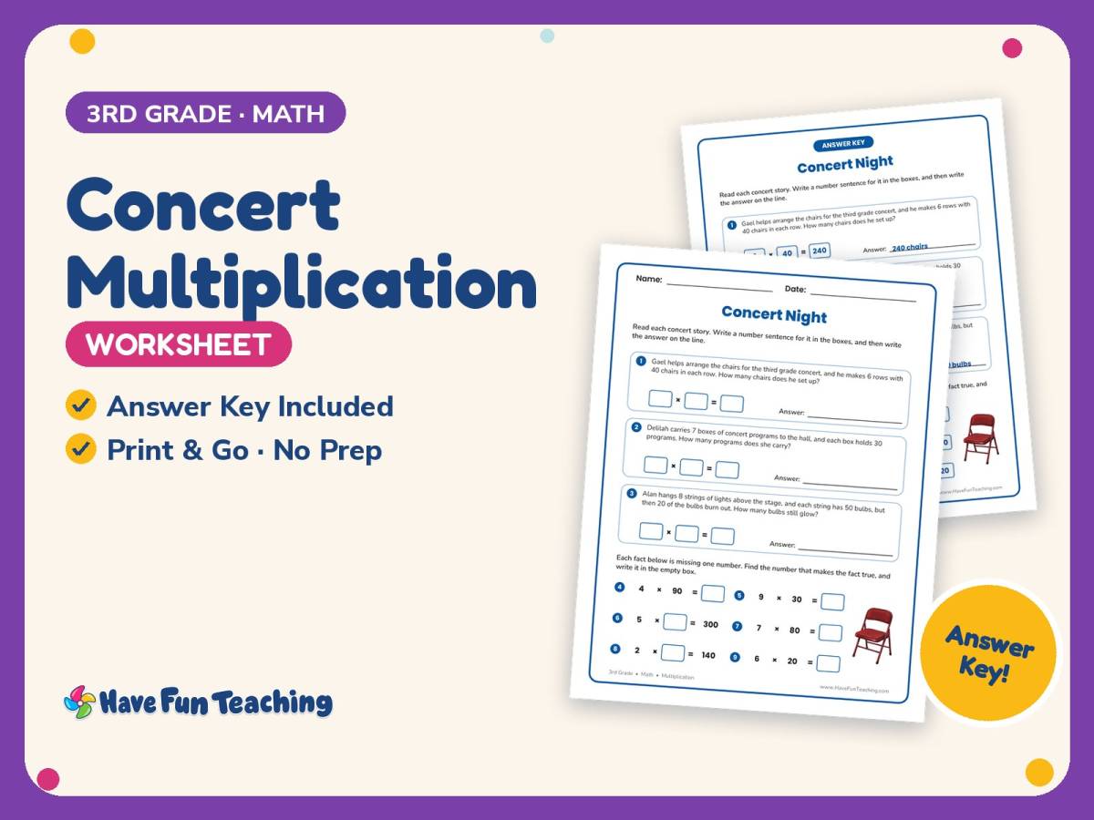 Concert Multiplication Worksheet – 3rd Grade Word Problems Practice preview