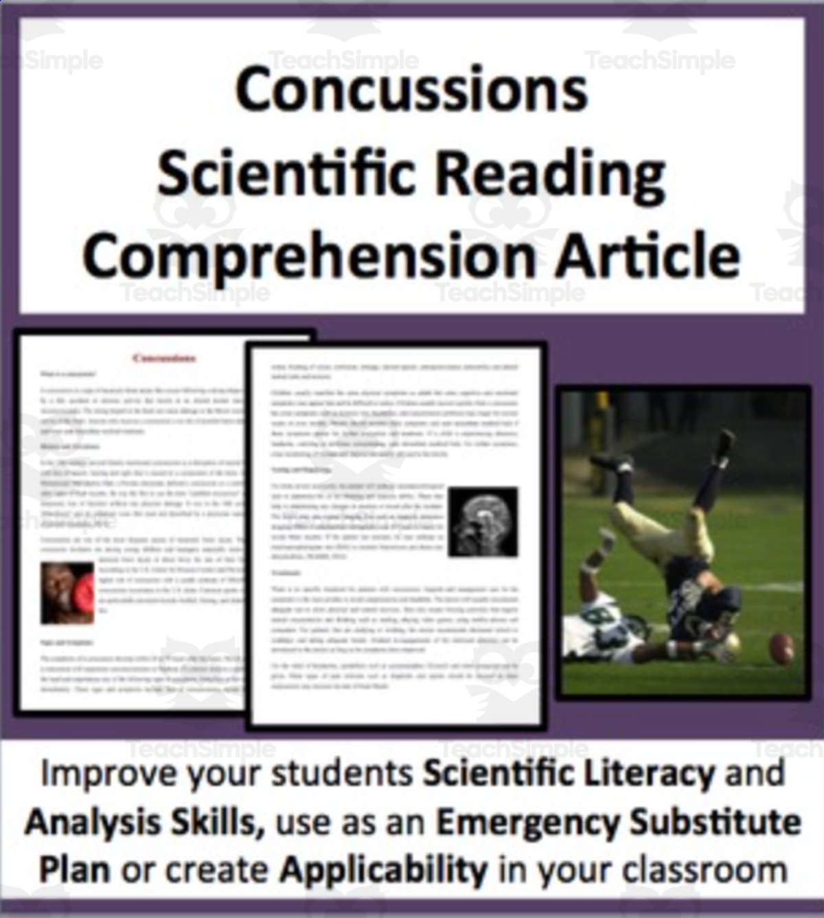 An educational teaching resource from Teach With Fergy entitled Concussions Reading Comprehension Article downloadable at Teach Simple.