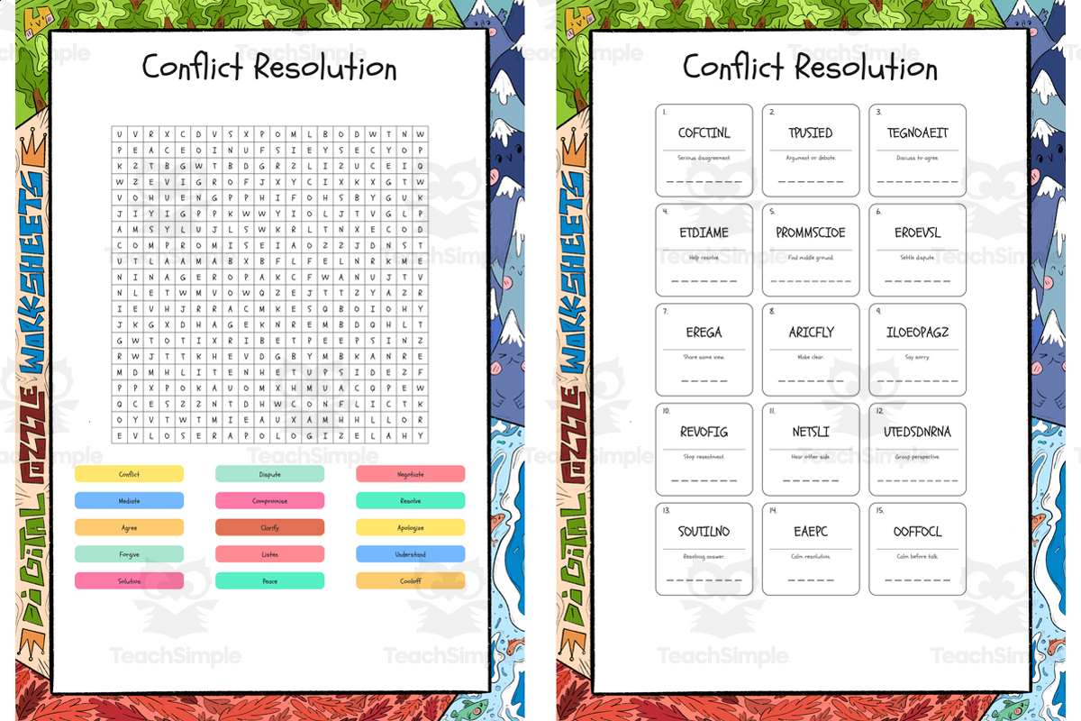 An educational teaching resource from Lapiiin Art Activities entitled Conflict Resolution word search, scramble and crossword puzzle downloadable at Teach Simple.