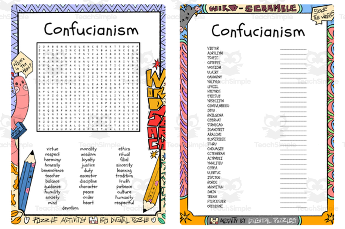An educational teaching resource from Lapiiin Art Activities entitled Confucianism word search & scramble downloadable at Teach Simple.