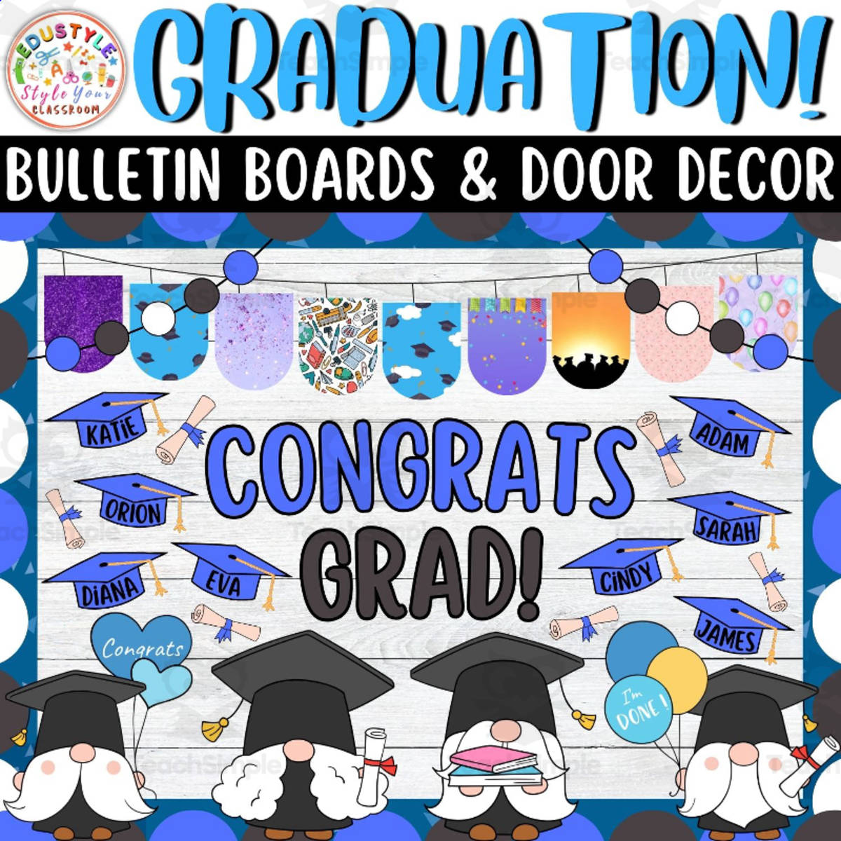 An educational teaching resource from Style Your Classroom entitled Congrats Grad!: Graduation Bulletin Boards And Door Decor Kits downloadable at Teach Simple.