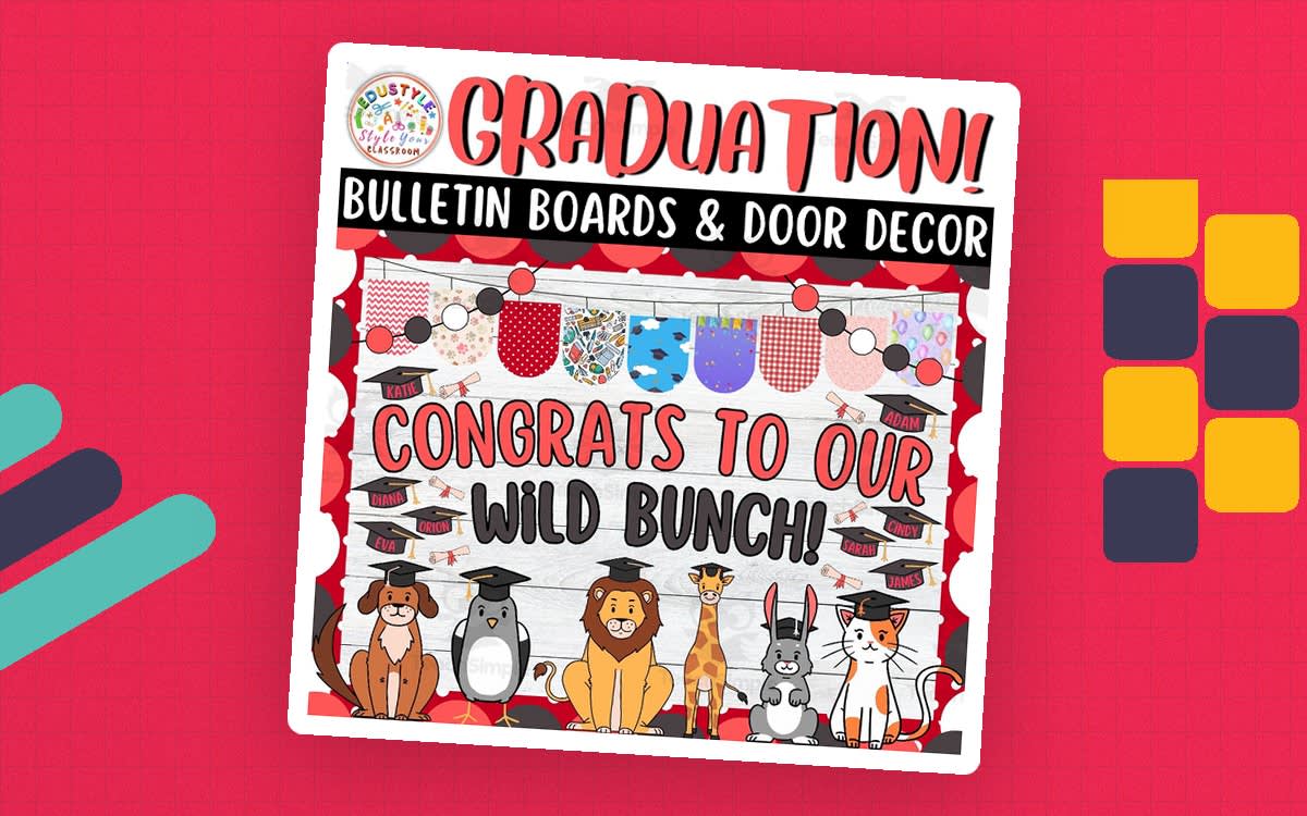 An educational teaching resource from Style Your Classroom entitled Congrats to Our: Animals Graduation Bulletin Boards & Door Decor Kits downloadable at Teach Simple.