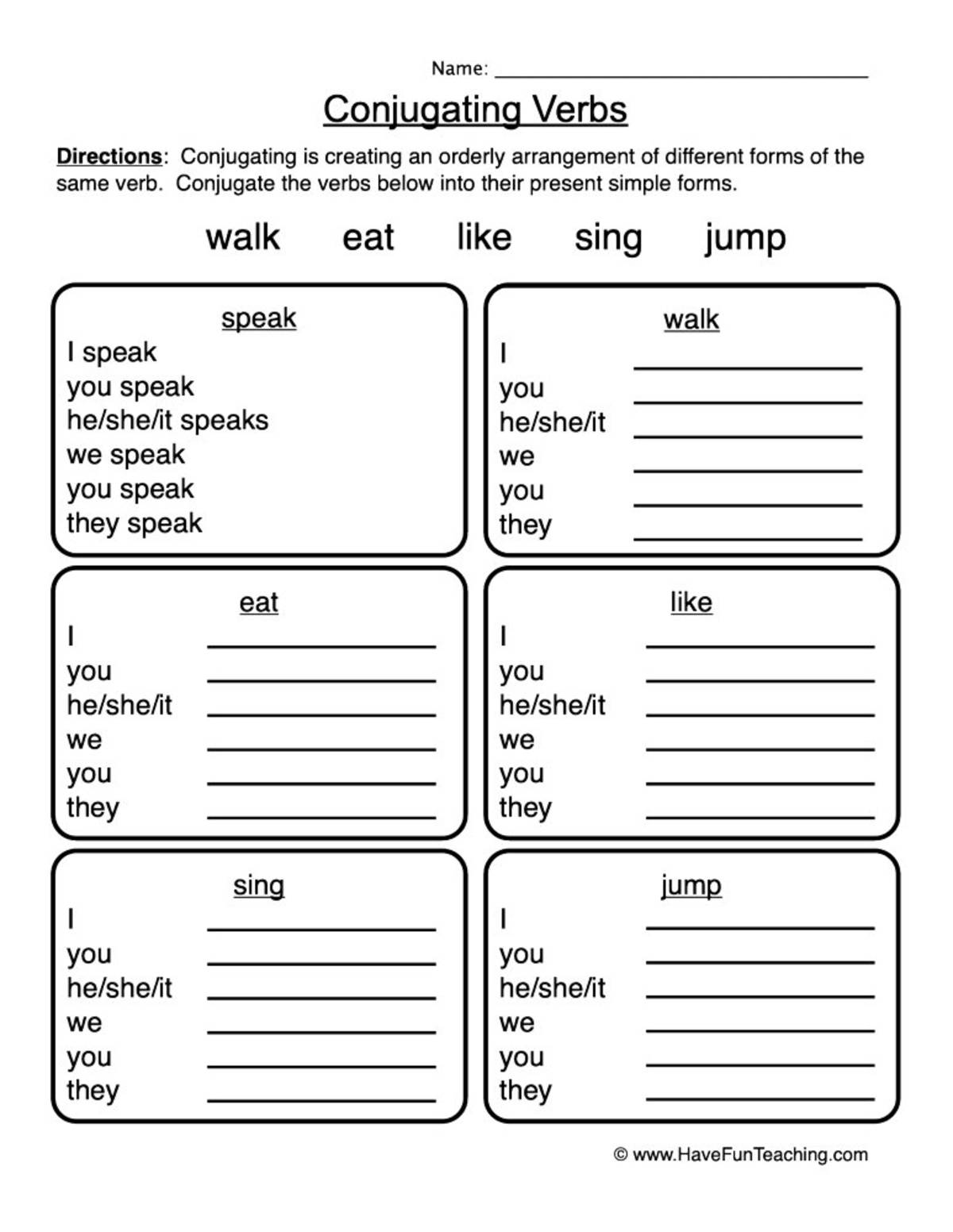 An educational teaching resource from Have Fun Teaching entitled Conjugating Verbs Worksheet downloadable at Teach Simple.