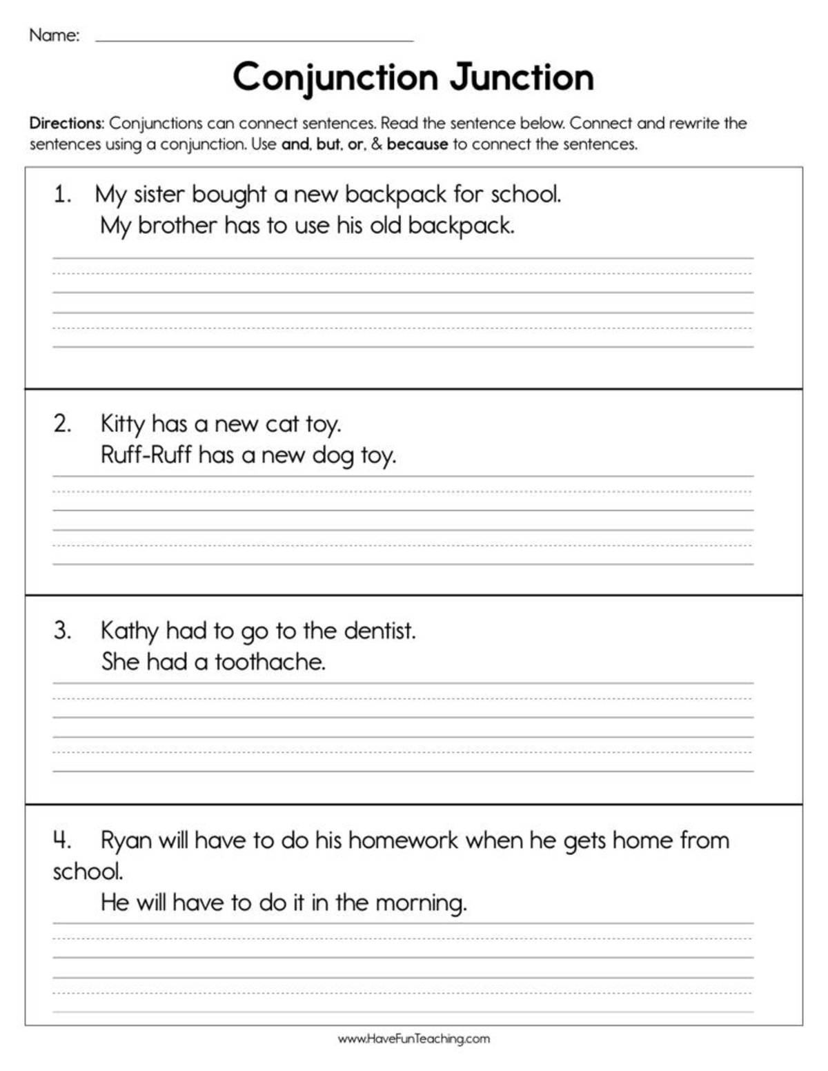 An educational teaching resource from Have Fun Teaching entitled Conjunction Junction Worksheet downloadable at Teach Simple.