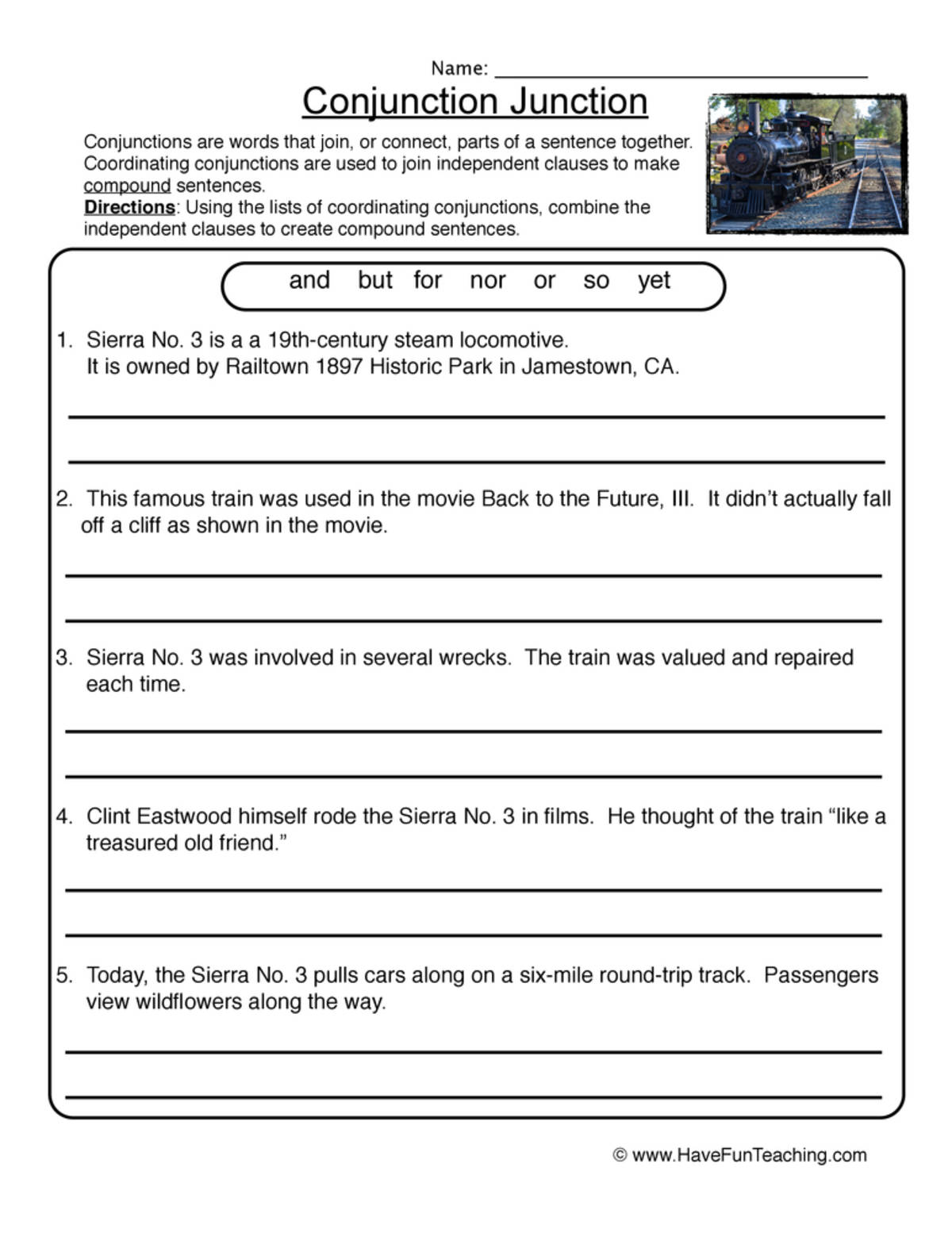 An educational teaching resource from Have Fun Teaching entitled Conjunction Worksheet downloadable at Teach Simple.