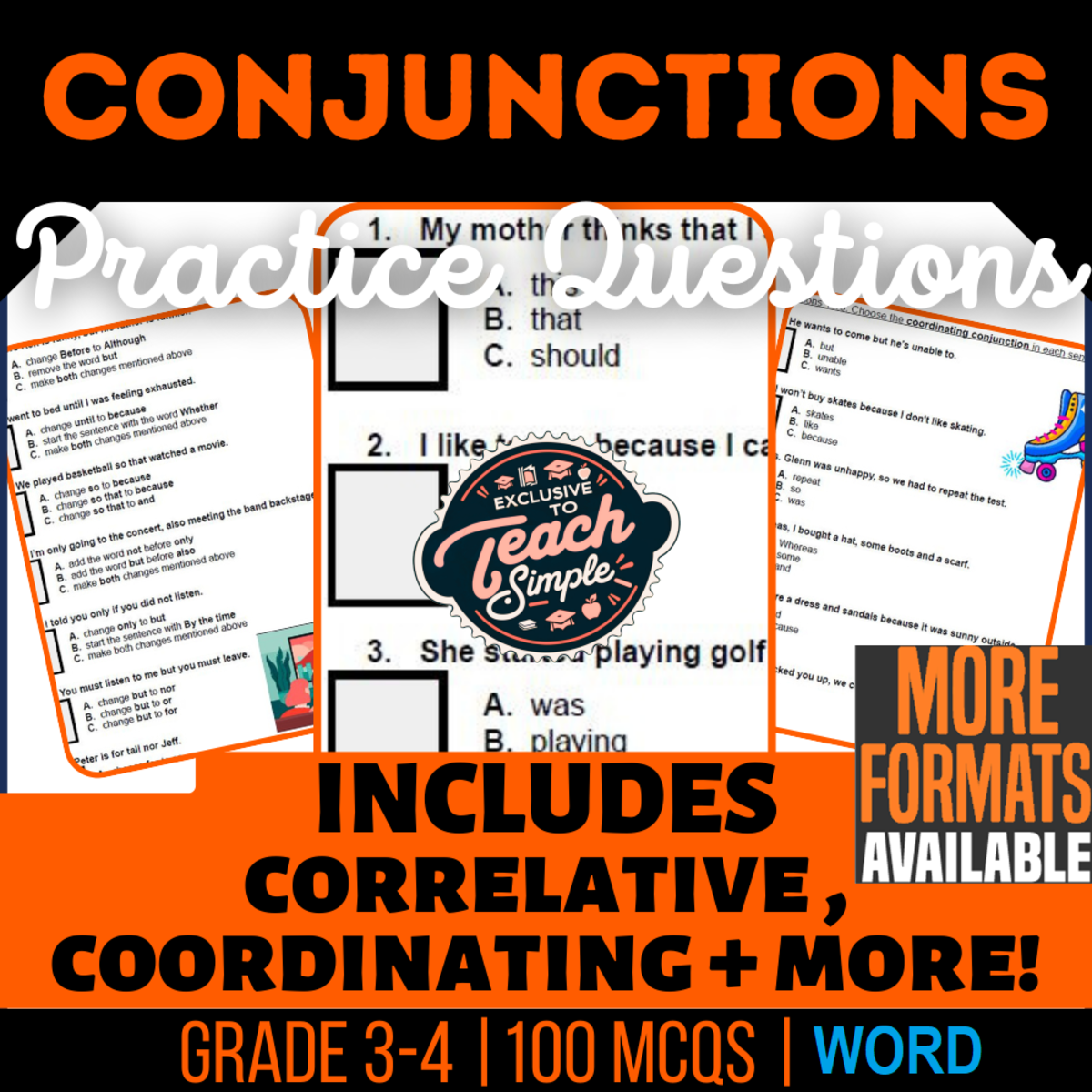 An educational teaching resource from Cored Education entitled Conjunctions Practice Questions - Grade 3-4 Grammar (Word) downloadable at Teach Simple.