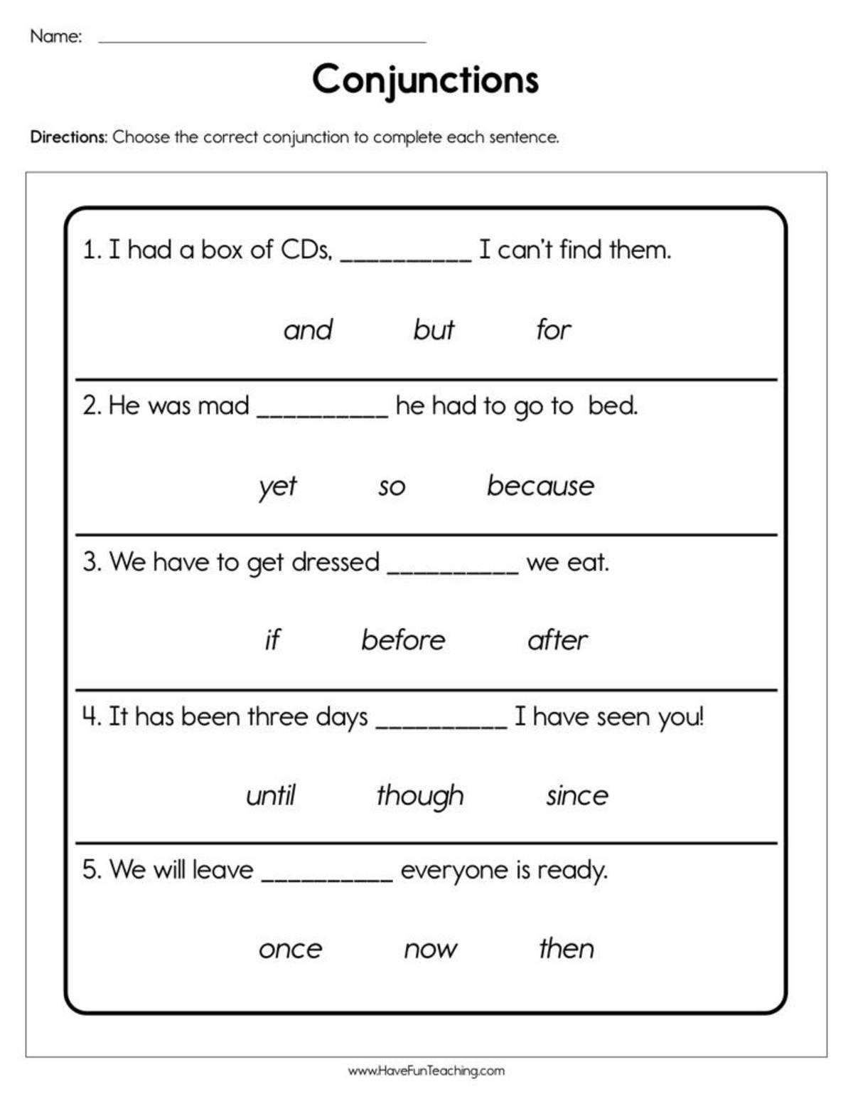 An educational teaching resource from Have Fun Teaching entitled Conjunctions Worksheet downloadable at Teach Simple.