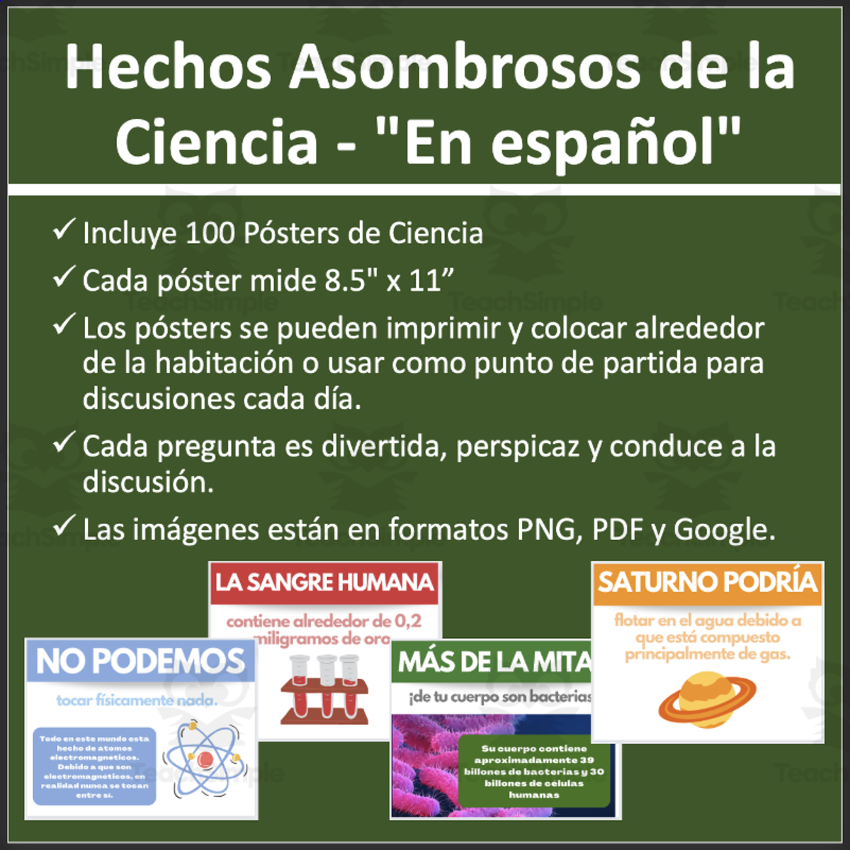 An educational teaching resource from Teach With Fergy entitled Conjunto de 100 Hechos Asombrosos de la Ciencia - Pósters para el Aula downloadable at Teach Simple.