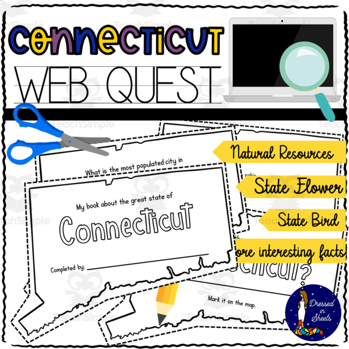 An educational teaching resource from Soumara Siddiqui entitled Connecticut WebQuest Printable Book downloadable at Teach Simple.