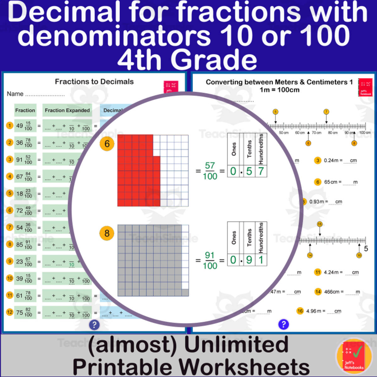 An educational teaching resource from Jeff's Notebooks entitled Connecting decimal to fractions with denominators of 10 or 100 downloadable at Teach Simple.