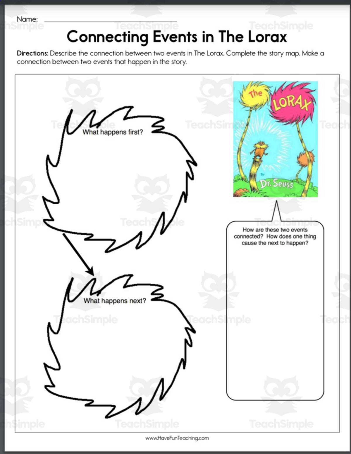An educational teaching resource from Have Fun Teaching entitled Connecting Events In The Lorax Worksheet downloadable at Teach Simple.