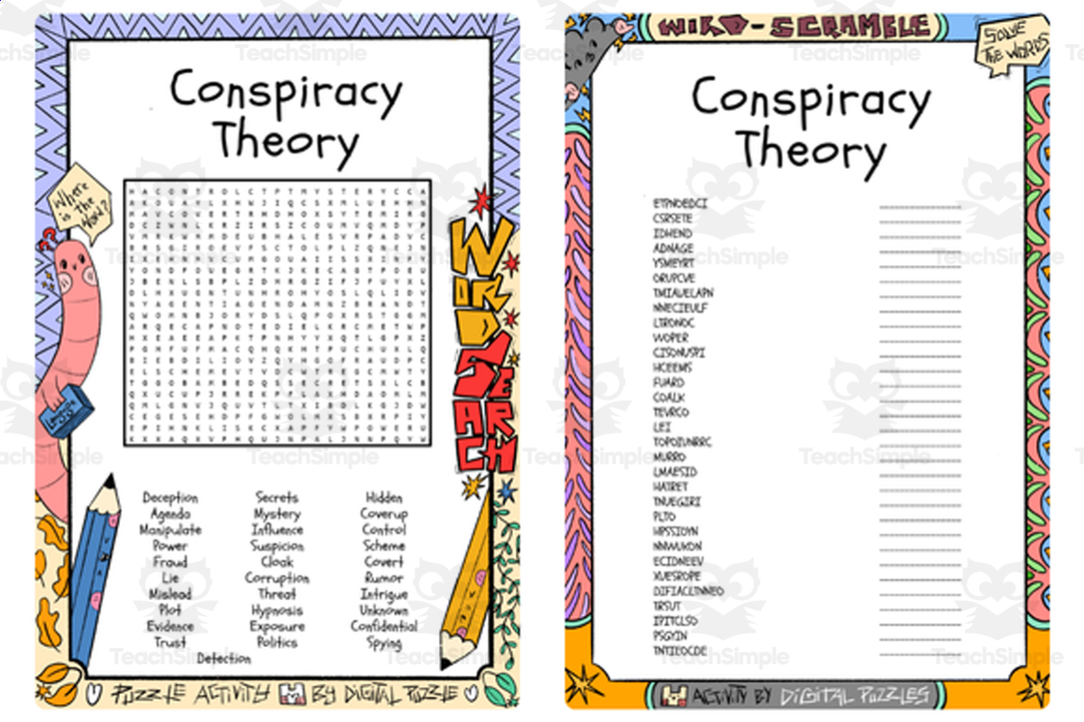 An educational teaching resource from Lapiiin Art Activities entitled Conspiracy Theory word search & scramble downloadable at Teach Simple.
