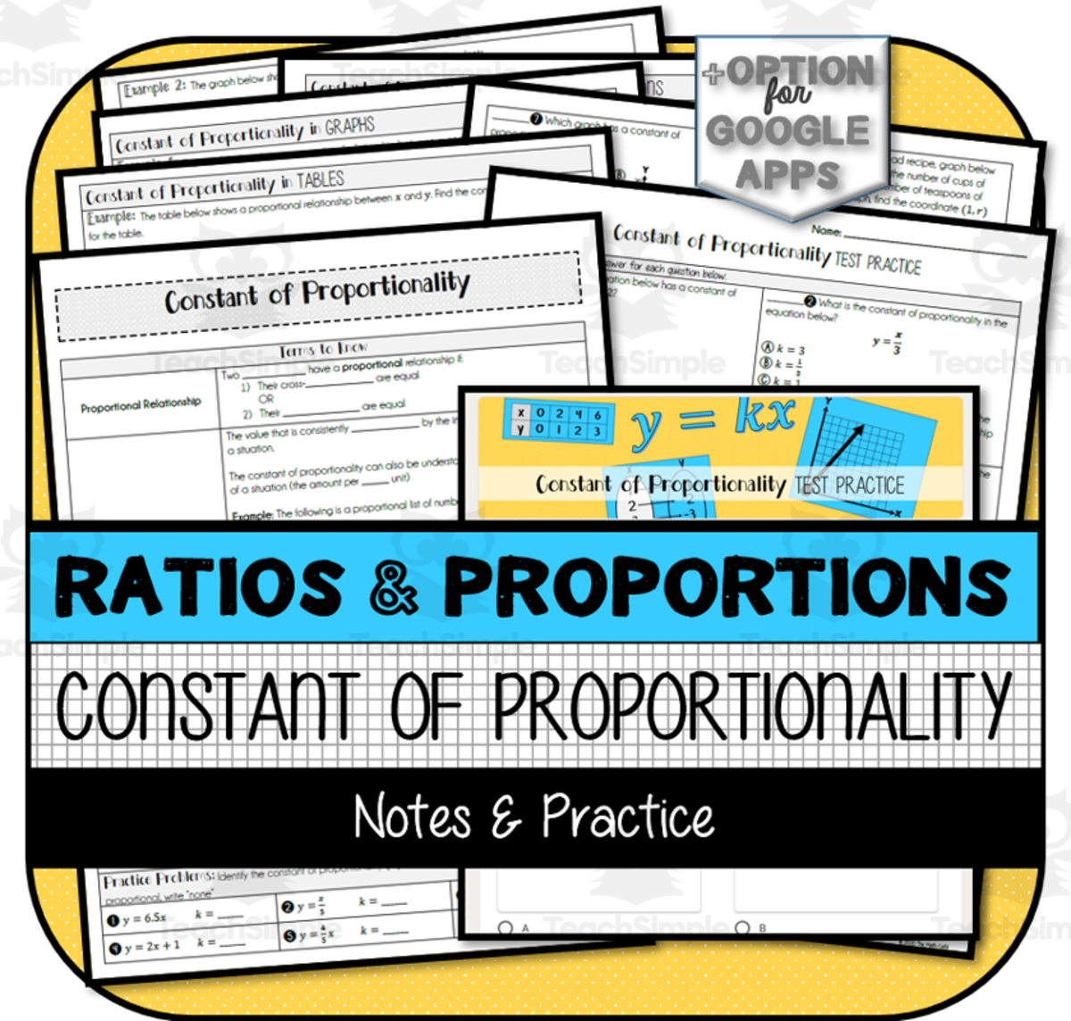 An educational teaching resource from The Math Cafe entitled Constant of Proportionality NOTES & PRACTICE downloadable at Teach Simple.