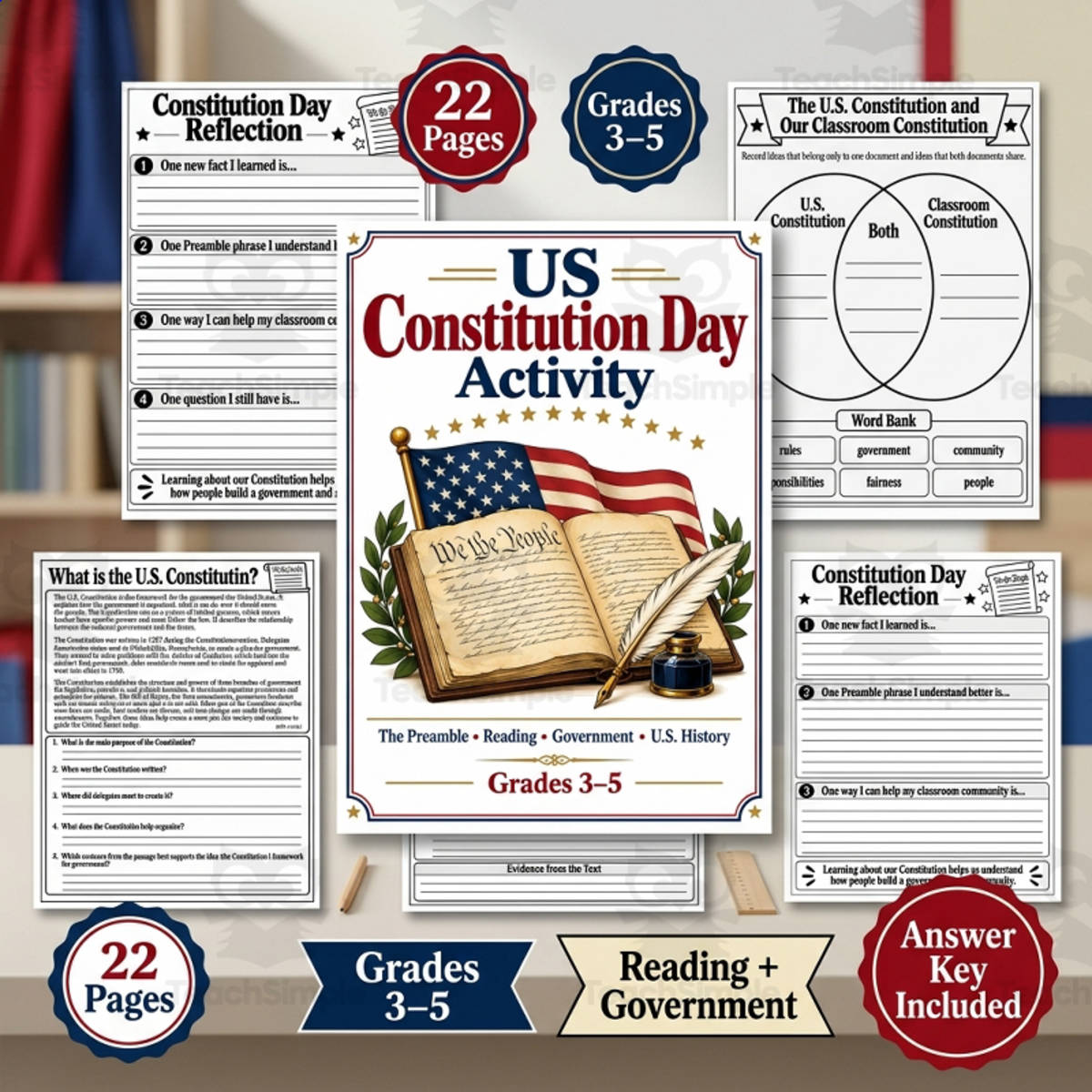 An educational teaching resource from TeachTrend Studio entitled Constitution Day Preamble Reading Activities | 3rd–5th Grade downloadable at Teach Simple.