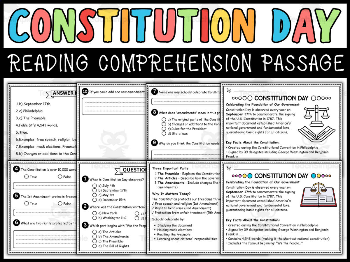 An educational teaching resource from Wonderland School entitled Constitution Day Reading Comprehension Passage & Questions downloadable at Teach Simple.