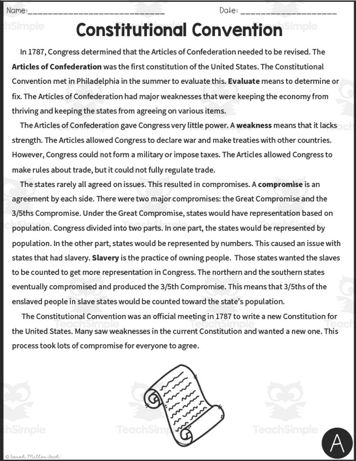 An educational teaching resource from Sarah Miller Tech entitled Constitutional Convention Reading Packet downloadable at Teach Simple.