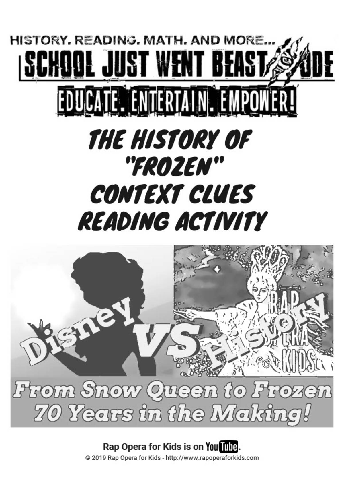 An educational teaching resource from Rap Opera for Kids! entitled Context Clues Activities: The History of "Frozen" | Passage with Questions downloadable at Teach Simple.