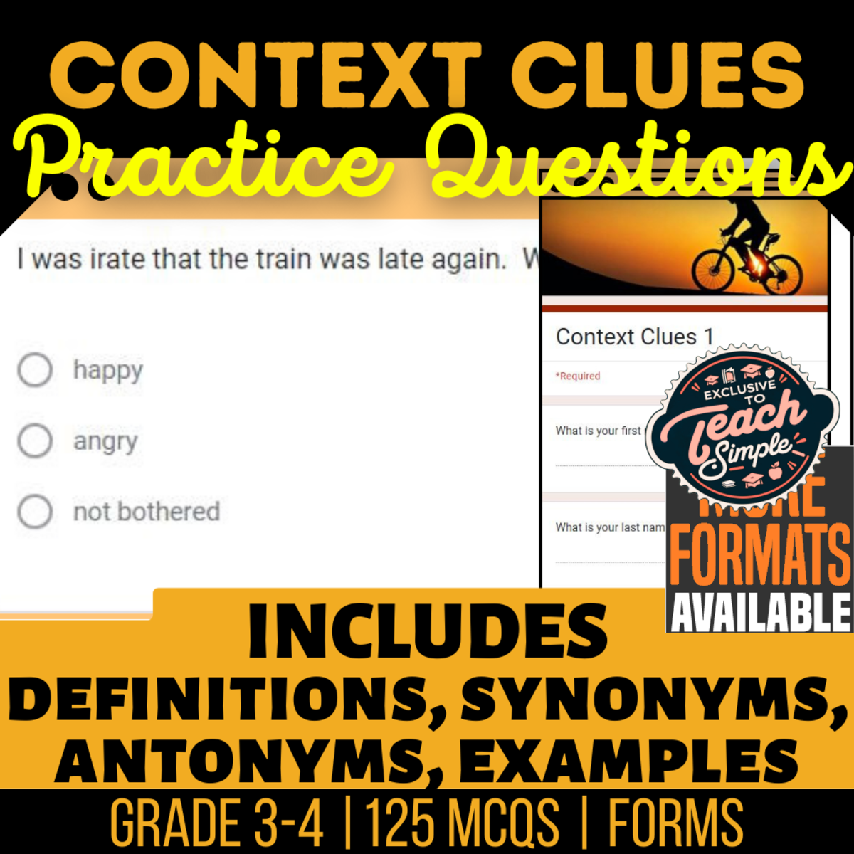 An educational teaching resource from Cored Education entitled Context Clues Practice Questions - Vocabulary Grade 3-4 (Forms) downloadable at Teach Simple.